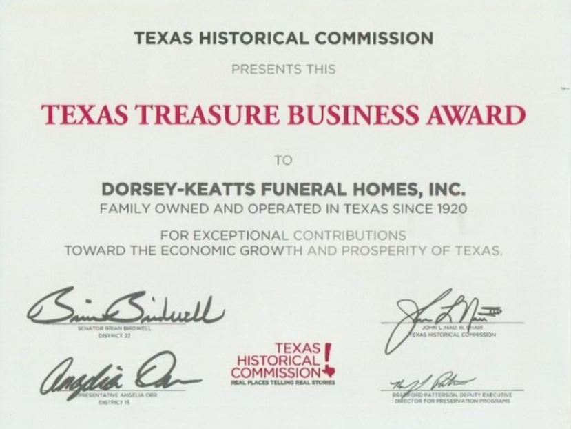 Texas Historical Commission Texas Treasure Business Award certificate for Dorsey-Keatts Funeral Homes