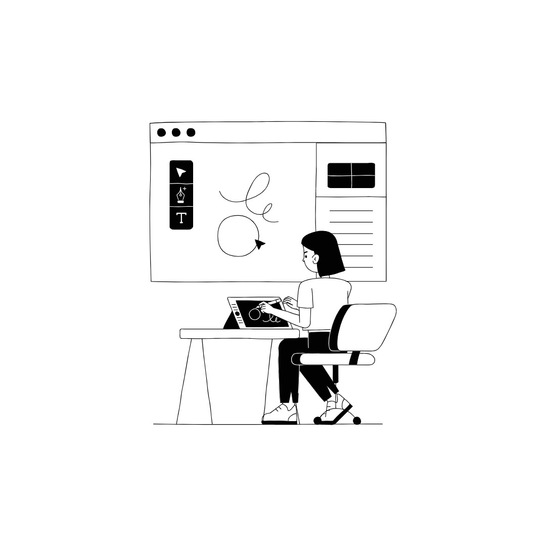 Eine Frau sitzt an einem Schreibtisch und benutzt ein Tablet.