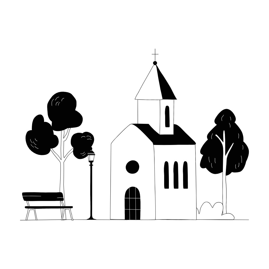 Eine Kirche mit einer Bank von Aussen