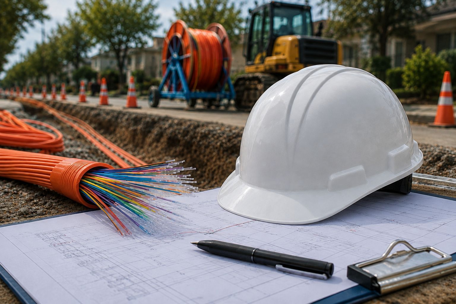 Hard hat and pen on blueprints beside orange fiber-optic cables at a roadwork site
