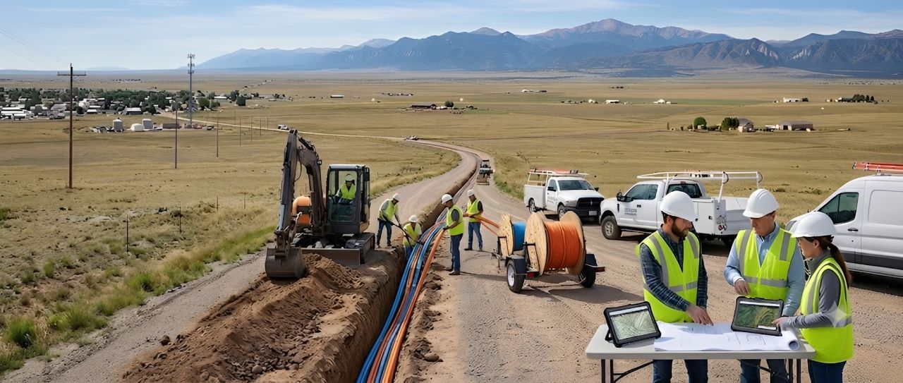 Workers inspect roadside utility trench beside excavator and vehicles in open rural landscape, with mountains in distance