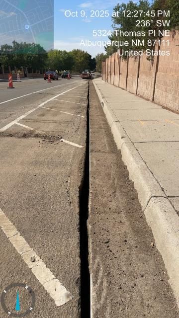 Cracked asphalt road with a long center fissure beside a concrete curb and sidewalk.