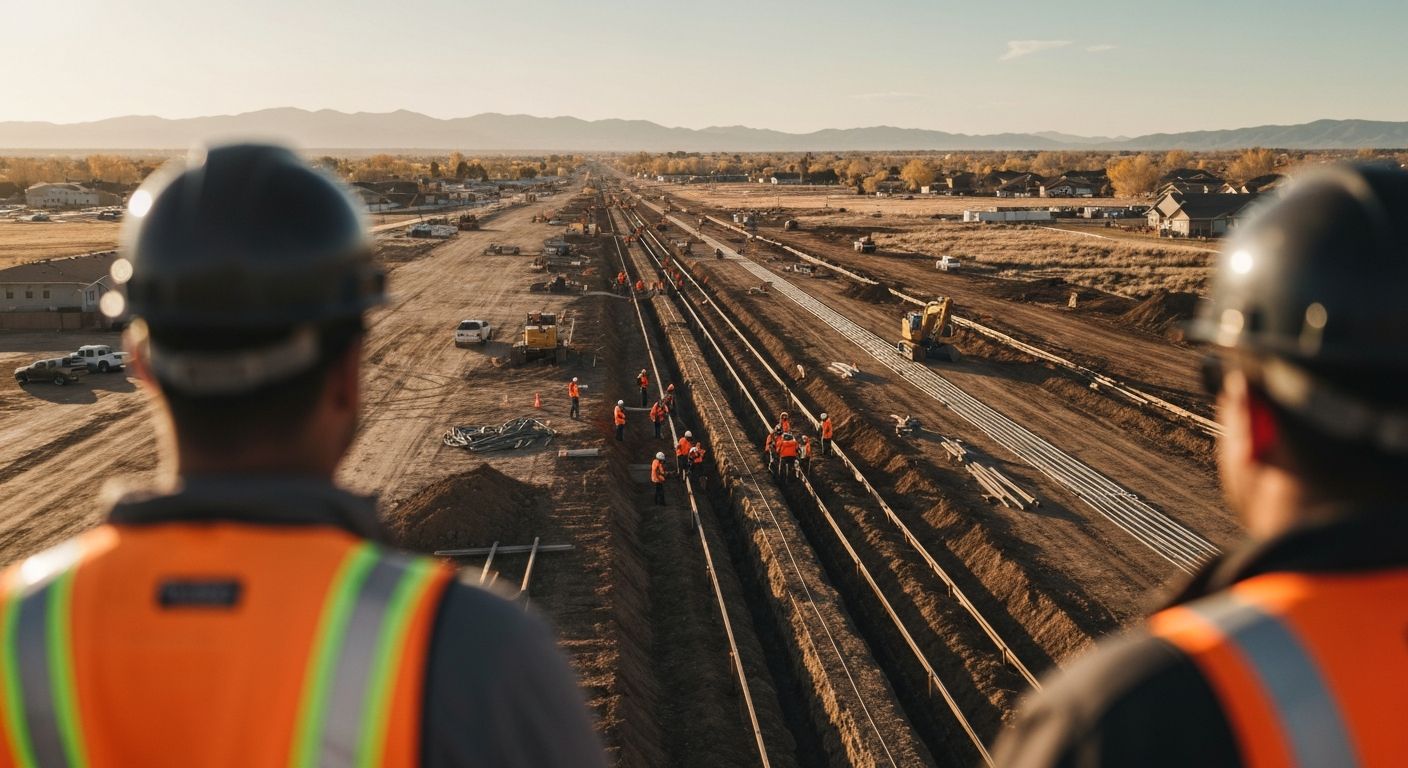 Two workers in hard hats overlook a large railway construction site at dusk.
