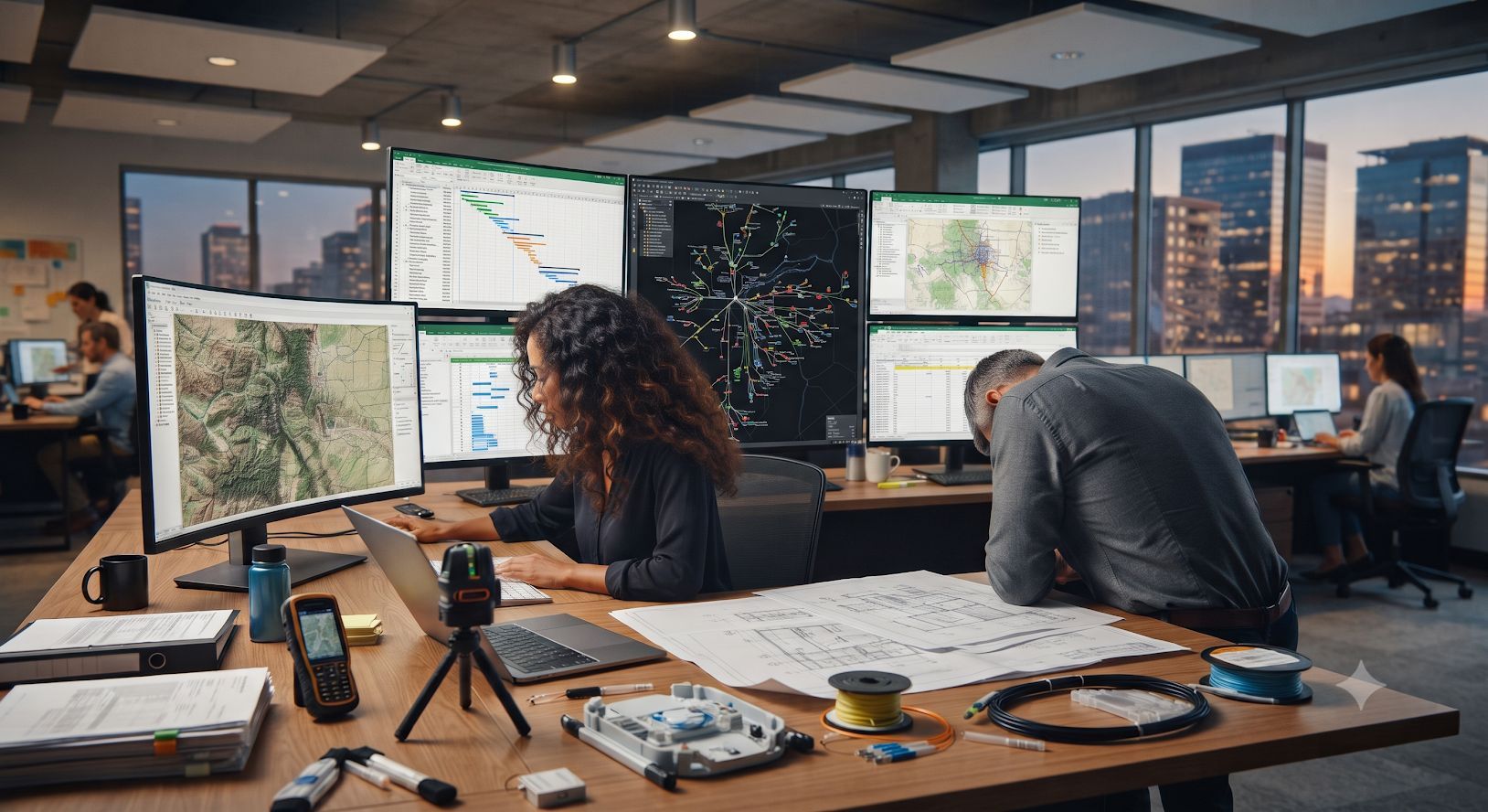 Two people work at desks with multiple monitors in a modern office overlooking a city at sunset.