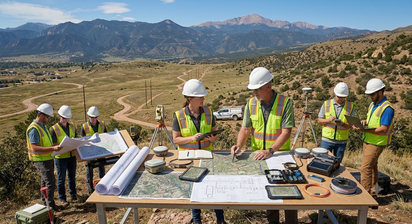 Construction team reviewing blueprints at a roadside site in a mountainous landscape.
