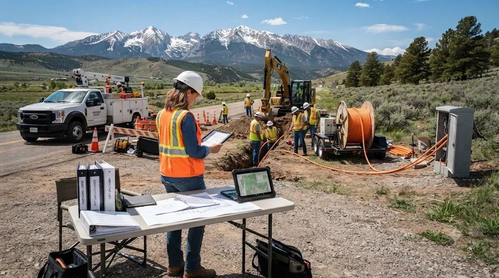 Road crew working beside a mountain road, with trucks, excavator, and equipment under snowy peaks.