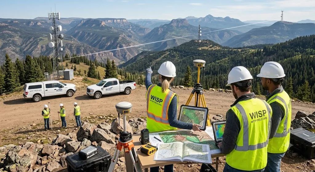 Survey crew in safety vests and hard hats reviewing maps at a mountain construction site.