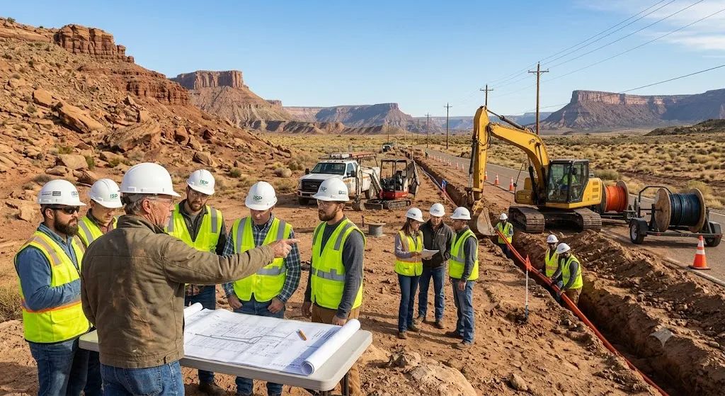 Construction crew in safety vests and hard hats review plans at a roadwork site in a rocky desert canyon