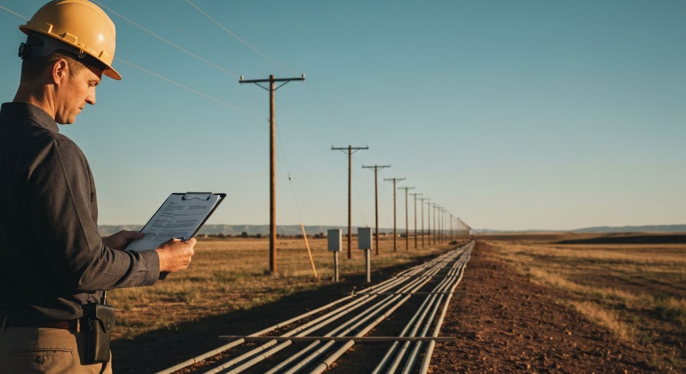 Worker in hard hat using a tablet beside power lines stretching across a rural field at sunset