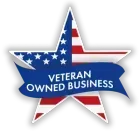 Blue star-shaped “Veteran Owned Business” logo with an American flag design and white text