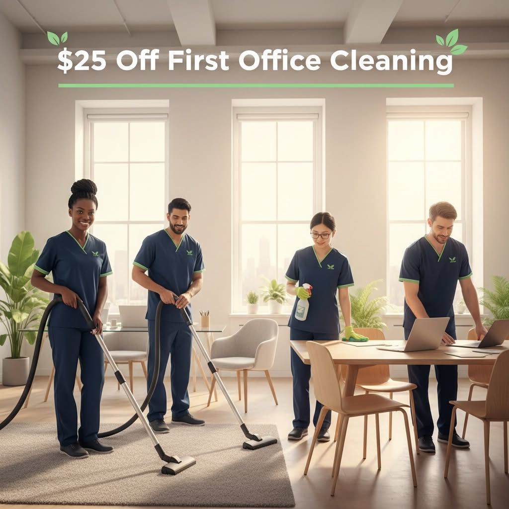 Four uniformed people cleaning an office. Text: 