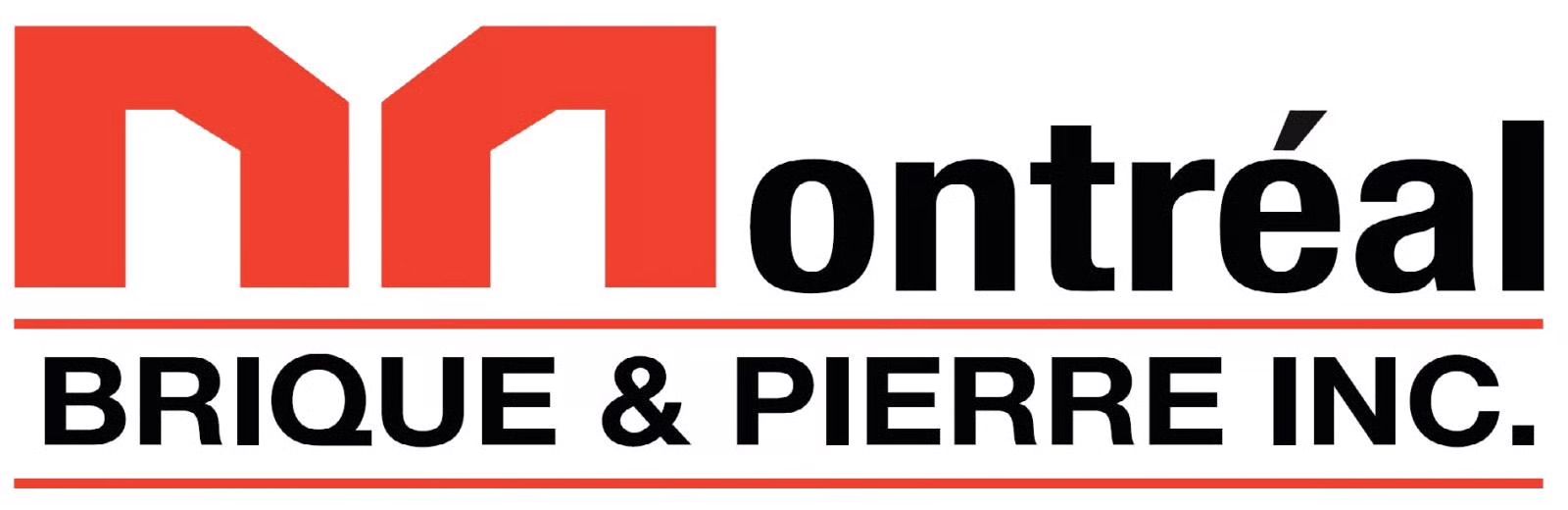 Logo de Montréal Brique & Pierre Inc. en texte rouge et noir avec une icône « M » rouge stylisée