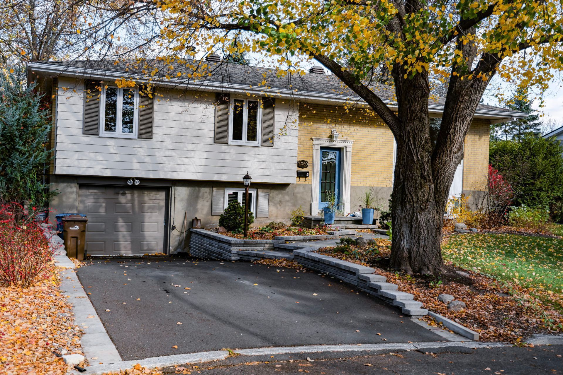Maison de banlieue avec un grand arbre, des feuilles d'automne et une allée devant.