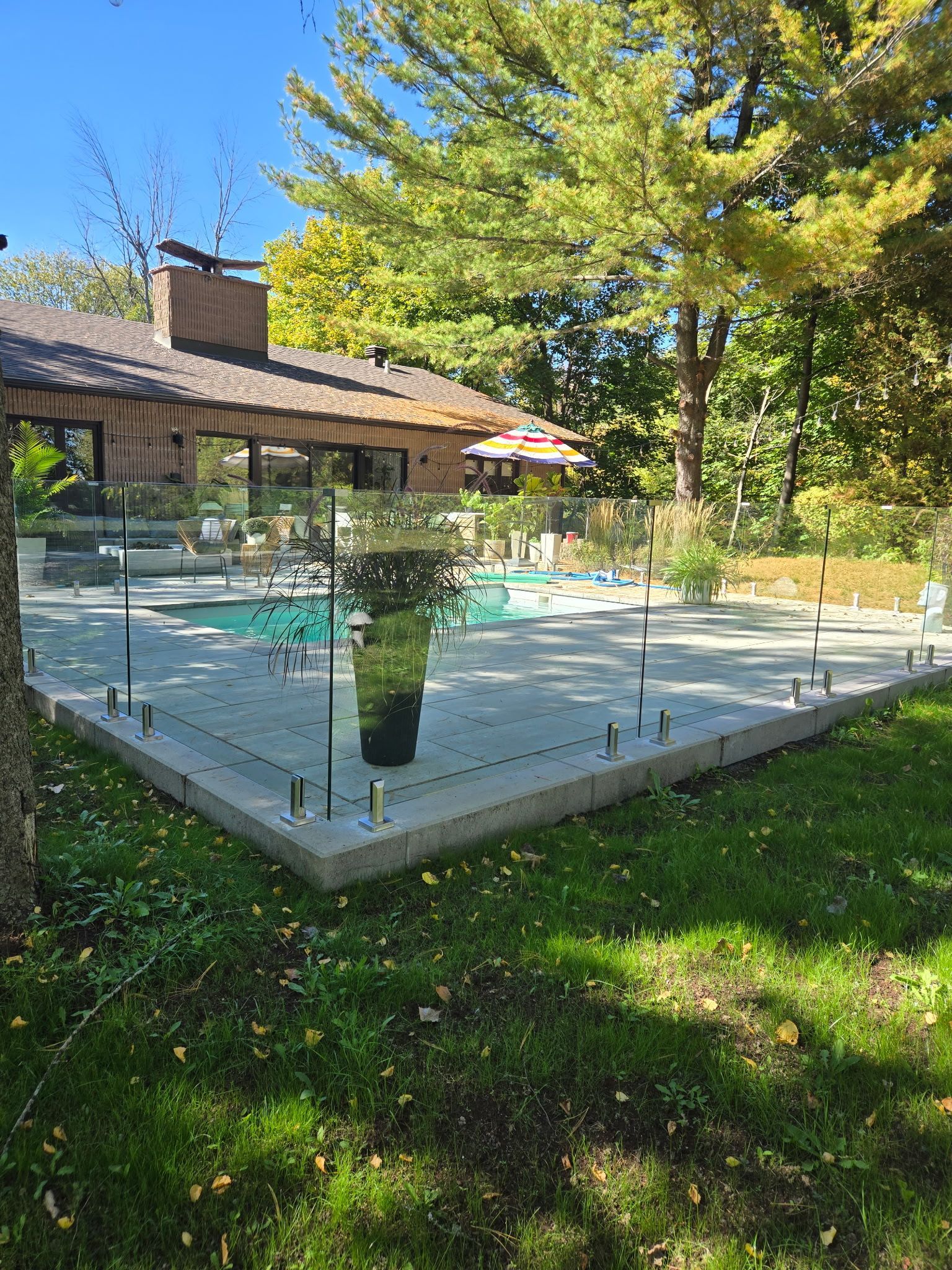 Terrasse avec balustrade en verre attenante à une maison, agrémentée de plantes en pot et d'un grand arbre dans un jardin ensoleillé.