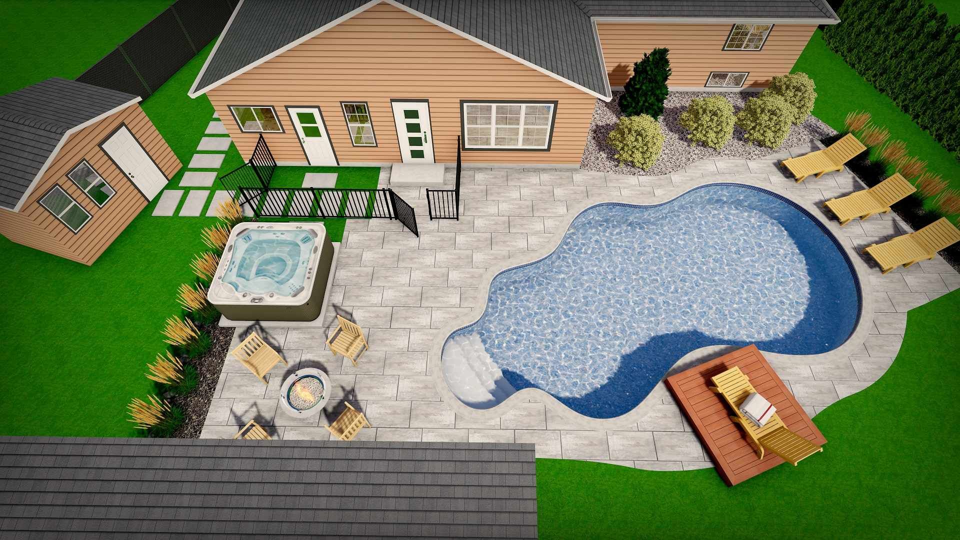 Jardin avec maison beige, piscine en forme de haricot, jacuzzi, terrasse et pelouse verdoyante