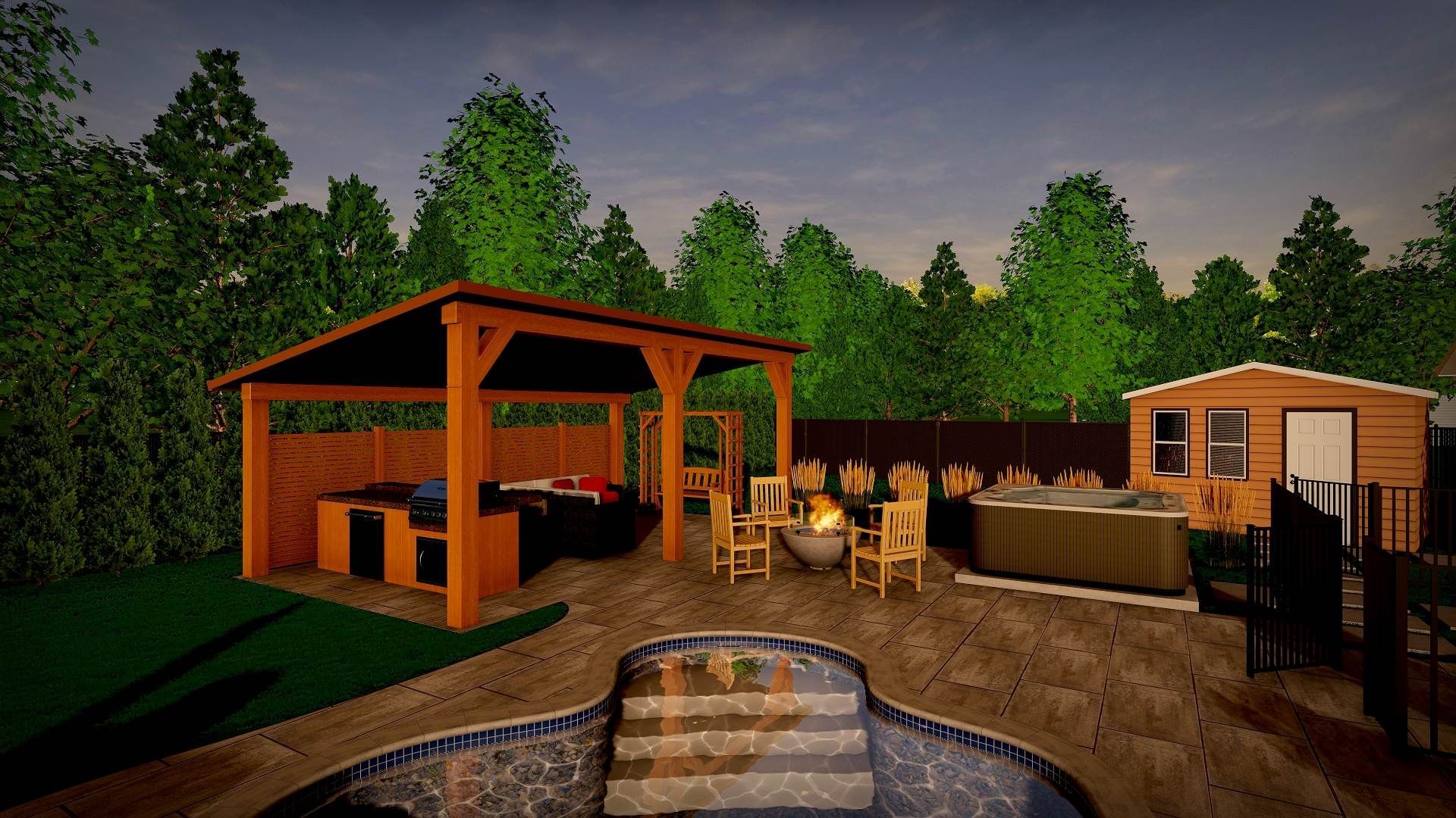 Terrasse arrière avec gazebo en bois, bain à remous, chaises longues et foyer entouré d'arbres au crépuscule