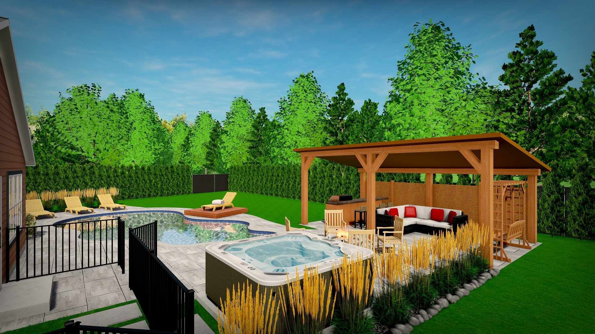 Piscine dans la cour arrière avec bain à remous, coin salon sous une pergola en bois et arbres verdoyants sous un ciel bleu.