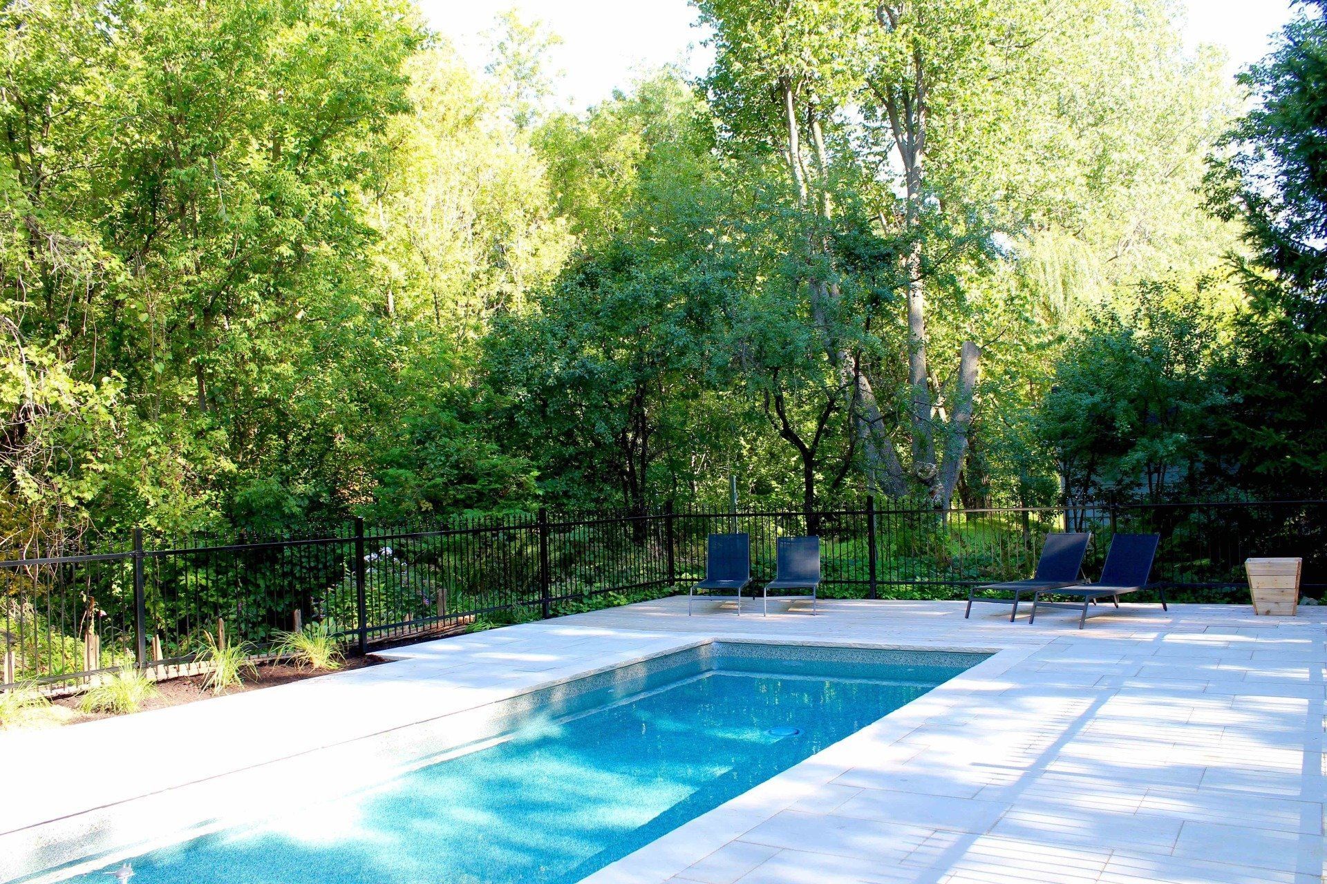 Piscine dans le jardin avec une eau bleue, bordée d'une terrasse ensoleillée et d'arbres verdoyants.