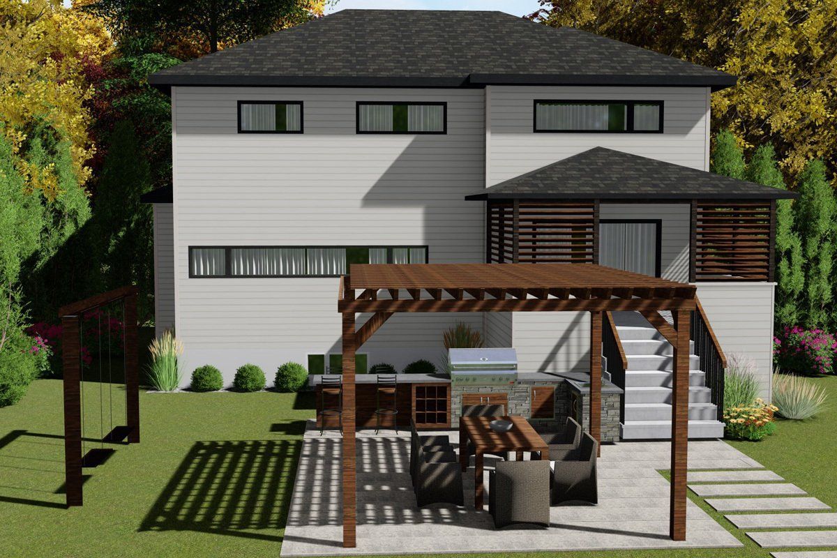 Maison moderne à deux étages avec une pergola en bois et du mobilier de patio dans un jardin paysager