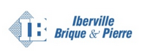 Logo Iberville Brique & Pierre en bleu et blanc avec icône de brique stylisée