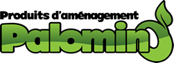 Logo vert et noir “Palomin” avec la mention “Produits d’aménagement” en haut, sur fond blanc