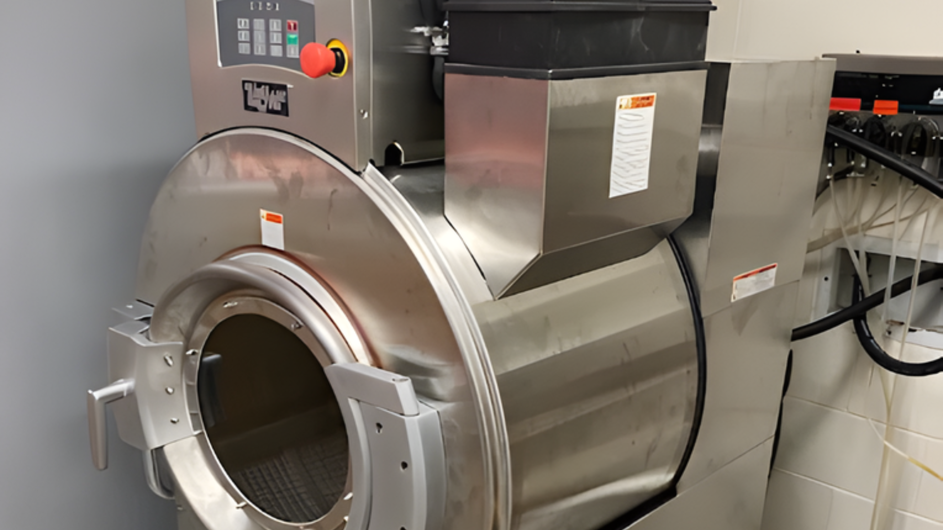 A stainless-steel commercial laundry washer with a front-loading glass door and a digital control panel.