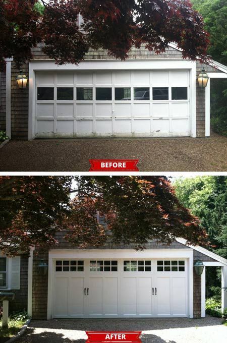 Before-and-after comparison showing a garage door replaced with a modern white carriage-style door with windows.