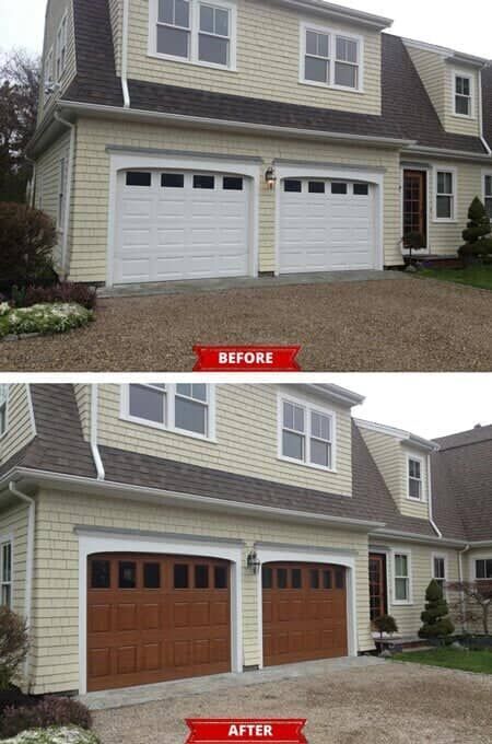 A side-by-side comparison of a home exterior showing white garage doors before and wood-tone garage doors after.