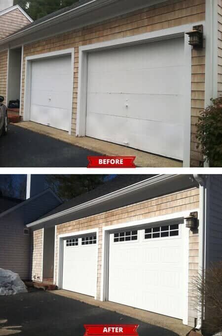 Before and after comparison of a home garage showing the replacement of plain white doors with new doors featuring windows.