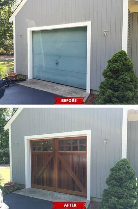 A before-and-after comparison of a grey house, showing a plain blue garage door replaced by a wooden carriage-style door.