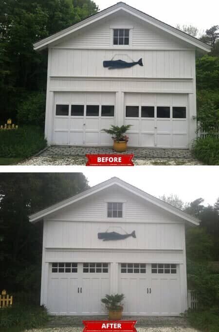 Before-and-after photos of a white garage with a whale wall decoration, showing upgraded garage doors with windows.