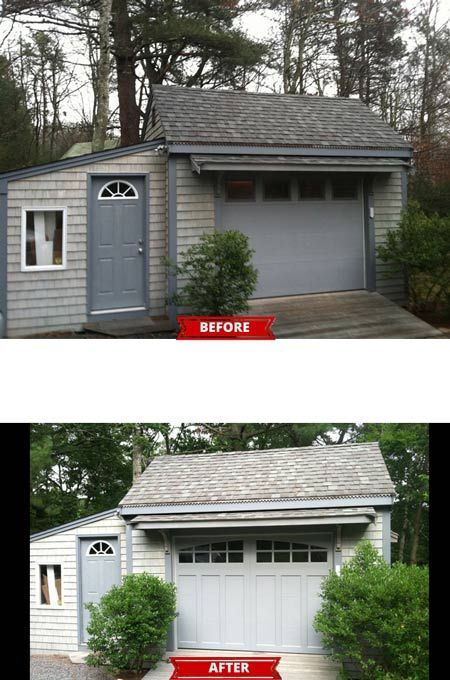Before and after comparison of a garage renovation showing a new carriage-style door and matching side entry door.
