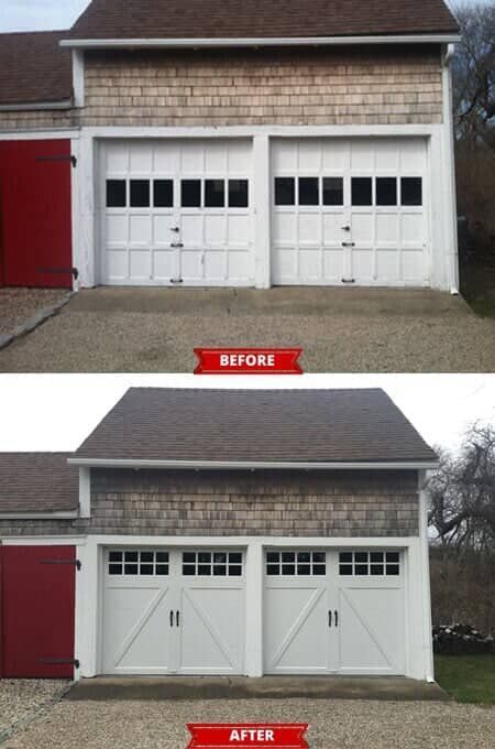 Before and after view of a garage with updated white carriage-style doors featuring diagonal trim.