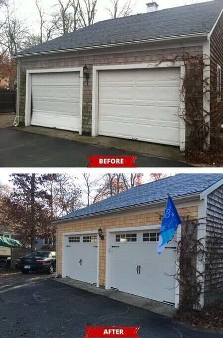 Before and after of a garage renovation showing new doors and freshly stained siding.