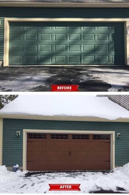 Before and after photos of a residential garage featuring a green door replaced by a brown, wood-look carriage-style door.