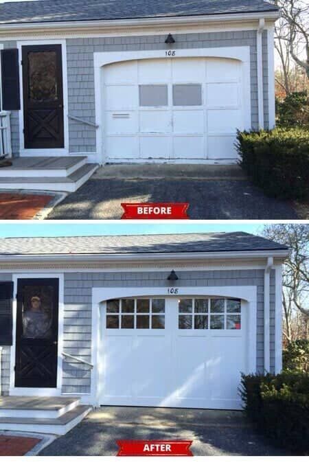 Before and after comparison of a home garage exterior with a newly installed white carriage-style door with windows.
