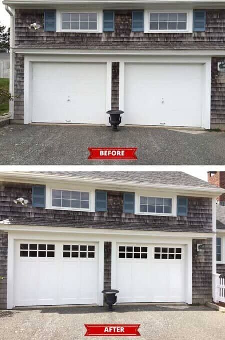 A two-part photo showing a home's garage before and after replacing plain doors with white ones featuring window panels.