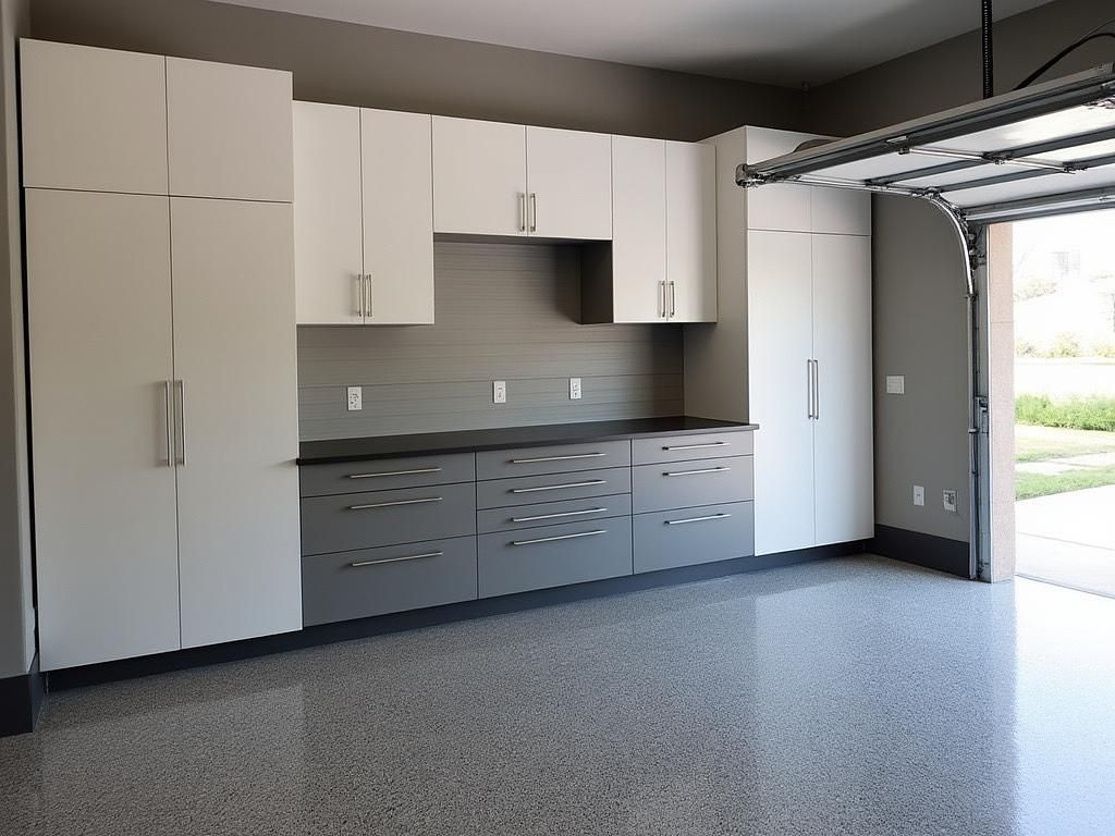 A garage with lots of cabinets and a garage door open.