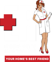 A nurse is holding a stethoscope in front of a red cross and the words 