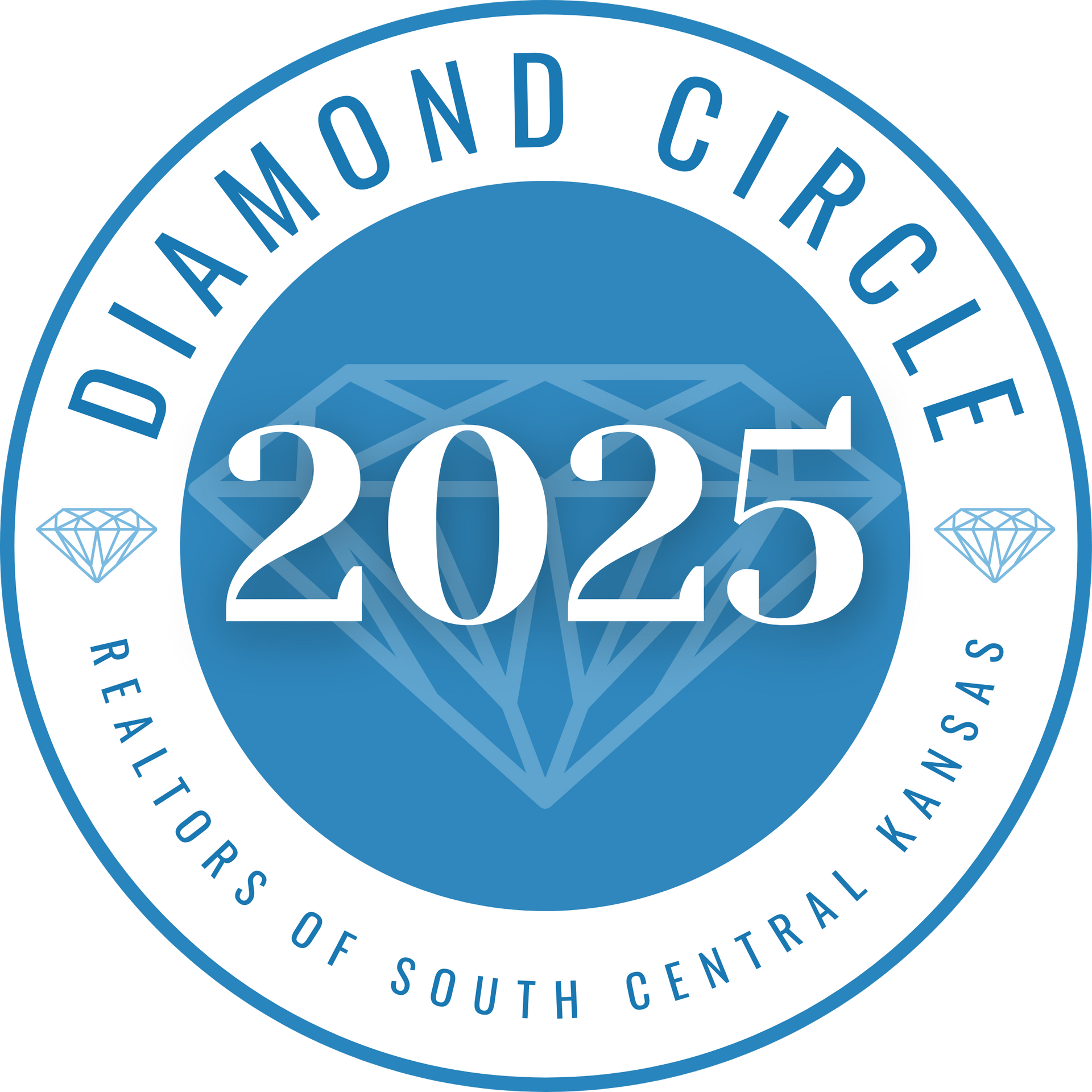 A circular blue "Diamond Circle 2025" badge with a diamond graphic and the text "REALTORS OF SOUTH CENTRAL KANSAS."