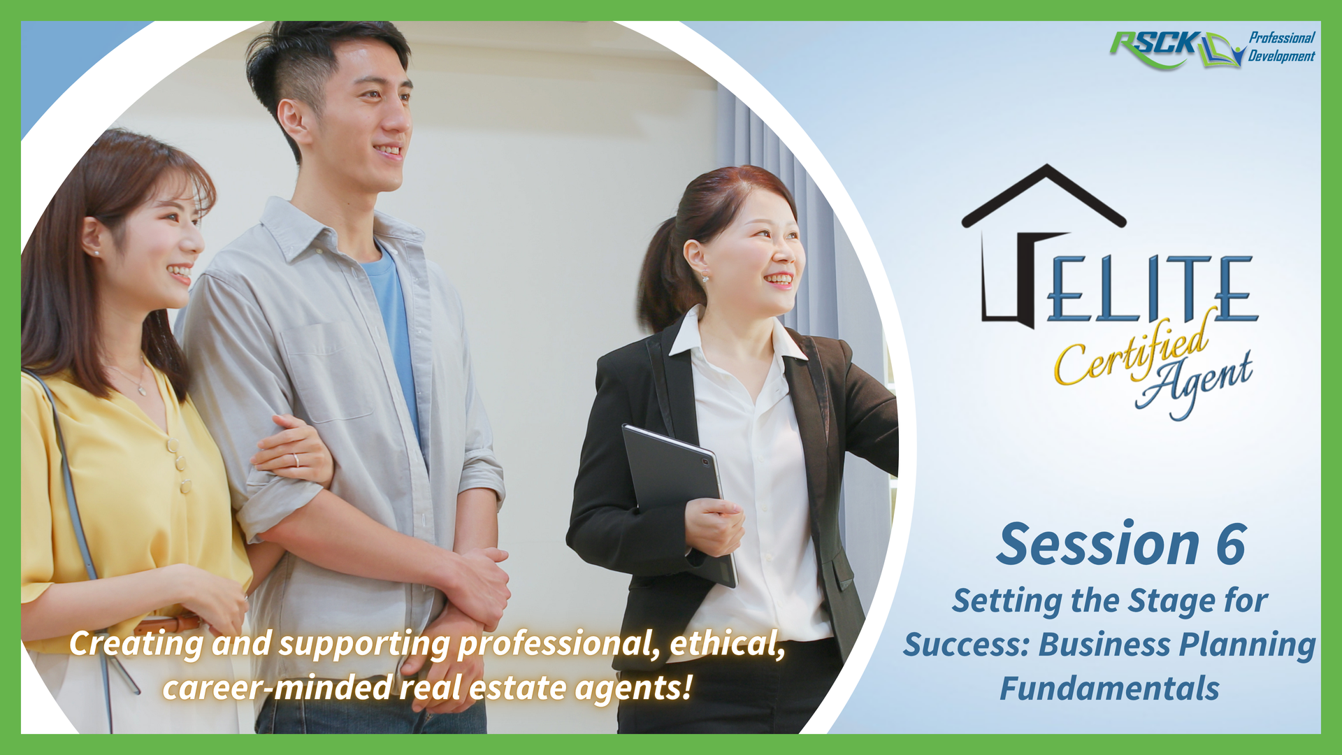 A real estate professional in a blazer gesturing to a couple, with text for an 