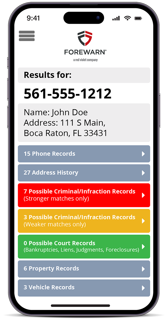 A smartphone screen showing the FOREWARN app interface, displaying personal background search results for