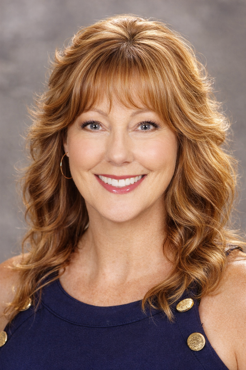 A smiling woman with shoulder-length wavy auburn hair, wearing a dark blue top with gold buttons, against a gray background.