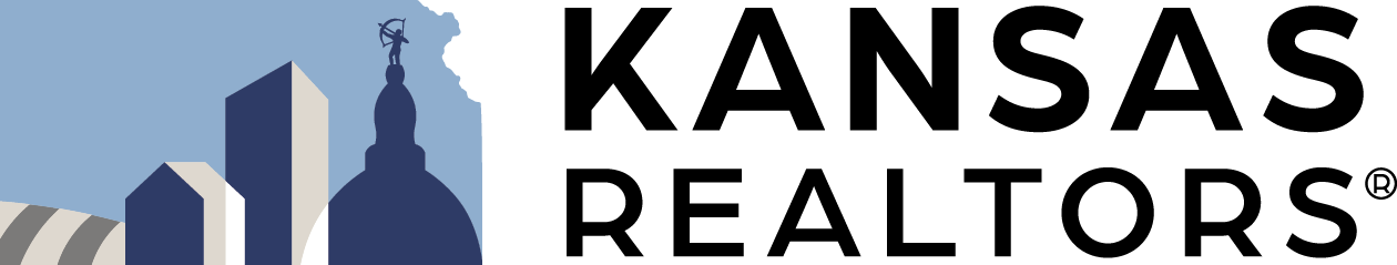 Logo for Kansas Realtors featuring the Kansas state capitol dome and city skyline in blue next to bold black text.