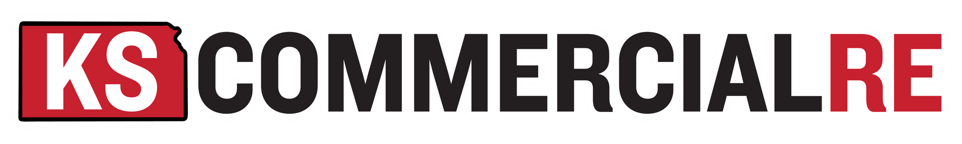 The KS Commercial RE logo, featuring white text inside a red outline of Kansas followed by the text
