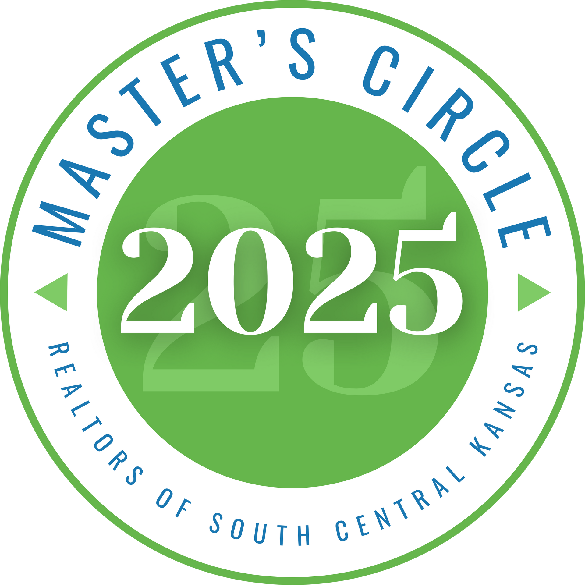 A circular green seal for the 2025 Master's Circle of Realtors of South Central Kansas.