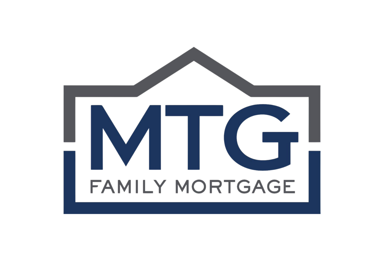 Logo for MTG Family Mortgage with the letters "MTG" in dark blue inside a gray and blue house-shaped outline.