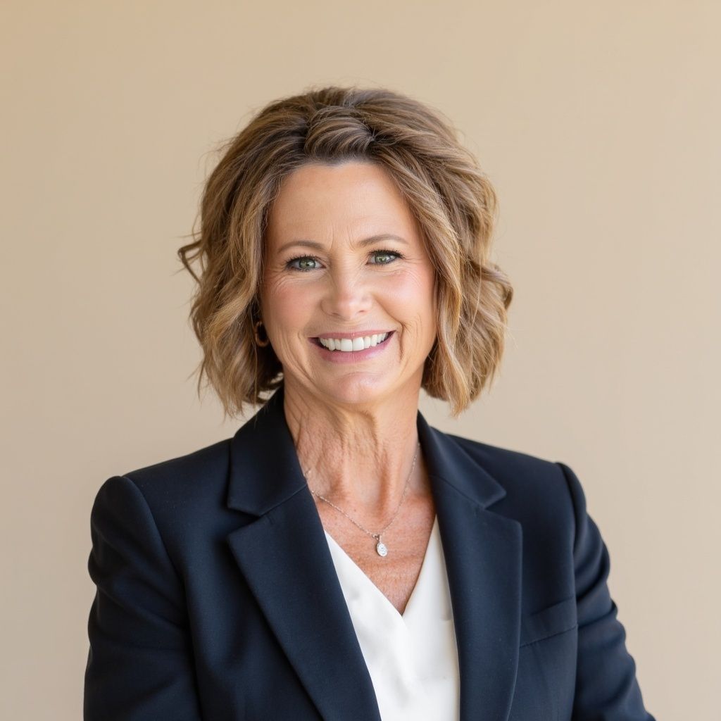 Professional headshot of a smiling person with shoulder-length wavy hair, wearing a navy blazer and white top.