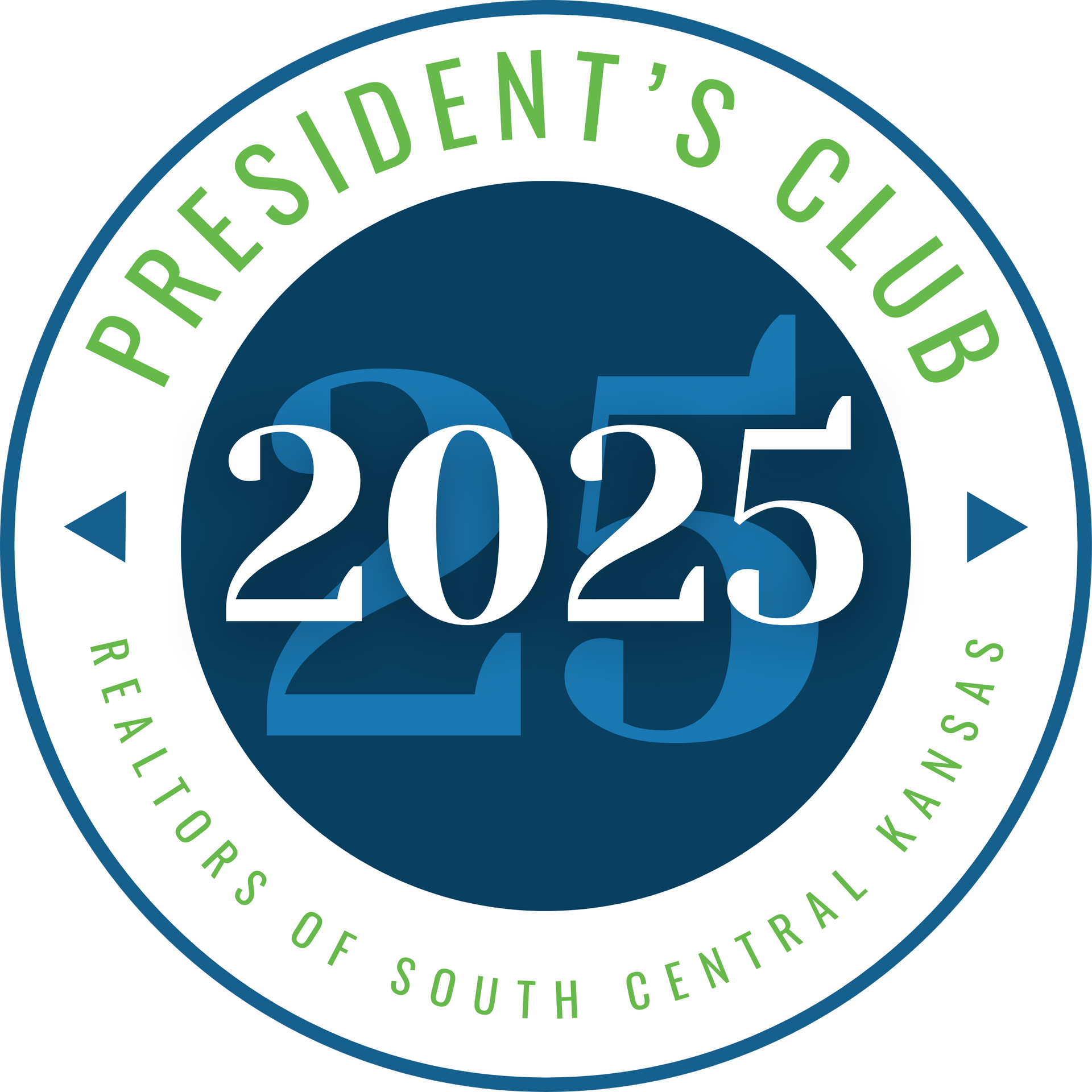 A blue circular logo reading "President's Club 2025" and "Realtors of South Central Kansas" in green text.