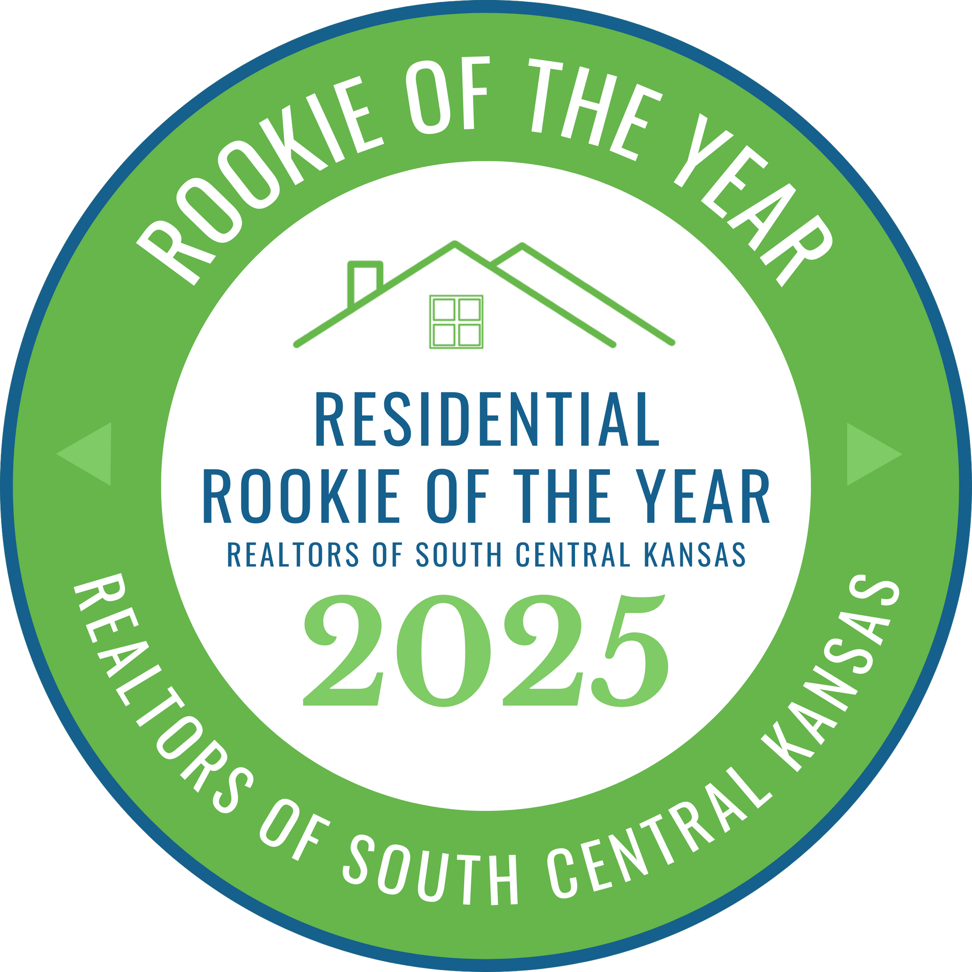 Green and white circular award logo for the 2025 Residential Rookie of the Year by Realtors of South Central Kansas.